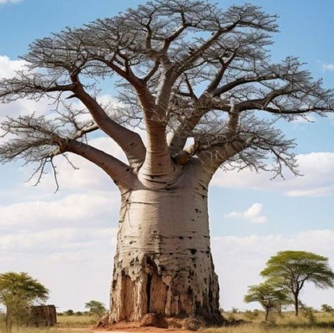 Large baobab tree in a savanna landscape with a blue sky.