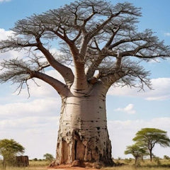 Large baobab tree in a savanna landscape with a blue sky.