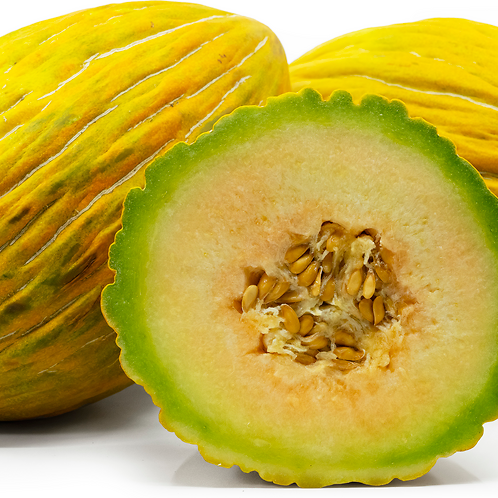 Two whole and one sliced yellow melon on a white background