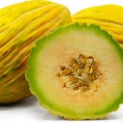Two whole and one sliced yellow melon on a white background
