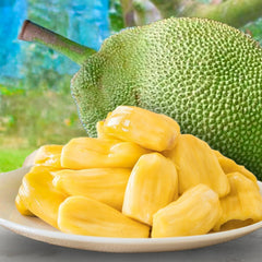 Jackfruit on a plate with a blurred natural background