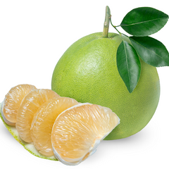 Whole and sliced pomelo fruit with green leaves on a white background