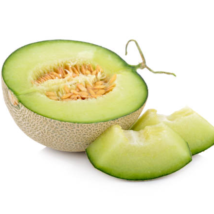 Halved melon with a piece removed on a white background